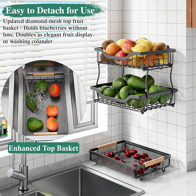 OKZEST 3-Tier Fruit Basket Fits Under Standard Upper Cabinet, 17.2" Tall | 2-In-1 Wall Mount & Countertop. Ultra-Fine Mesh Top Basket & Banana Hangers, Holds Potato, Onion, Bread, Snack, Fruit, Veggie