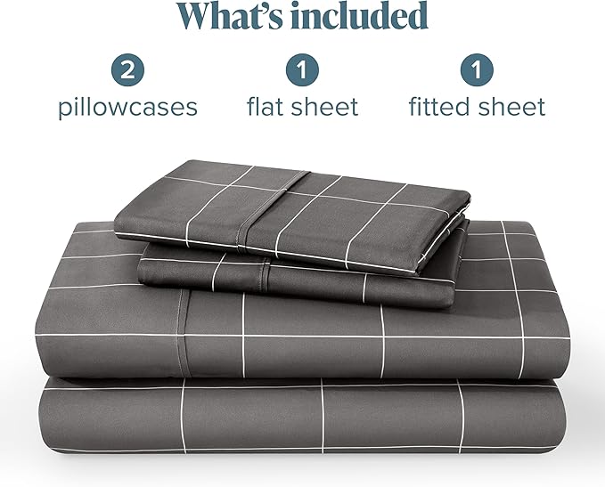 Bare Home King Sheet Set - Luxury 1800 Ultra- Soft Double Brushed Microfiber - Deep Pockets - Easy Fit - 4 Piece Bedding Sheet Set (King, Grid - Grey/White)