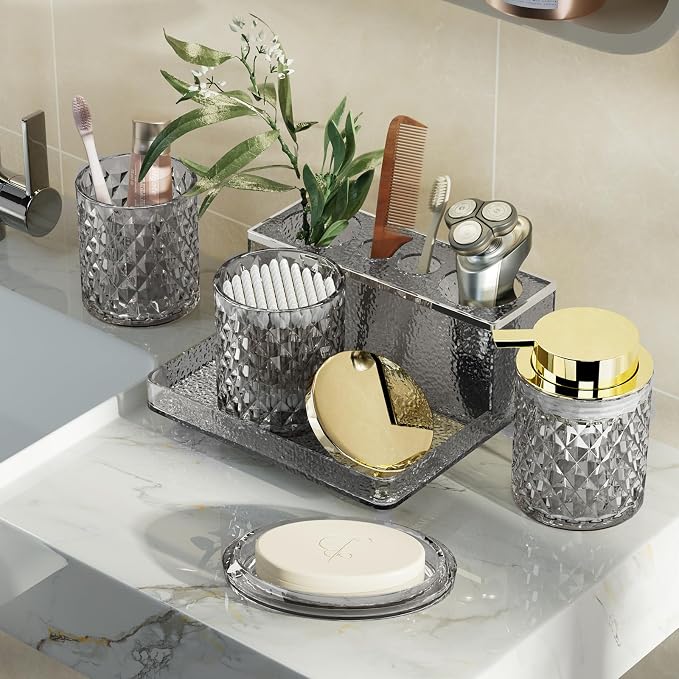 Glass Bathroom Accessories Set 5Pcs Crystal - Foaming Soap Dispenser, Soap Dish, Cup, Acrylic Toothbrush Holder with Tray Organizer, Qtip Jar, Bathroom Counter Set Sink Decor (Black)