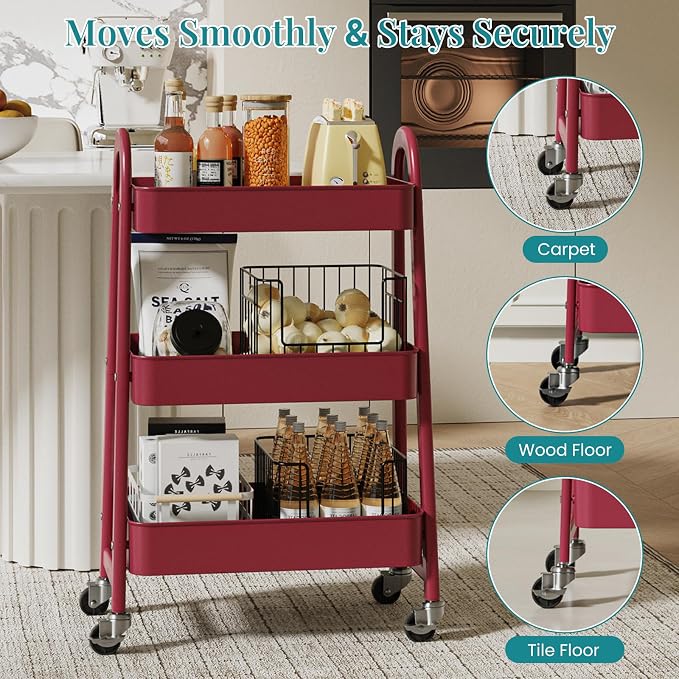 NEWBULIG 3-Tier Metal Rolling Cart with Lockable Wheels, Heavy Duty Mobile Utility Storage Shelf, Roller Book Snack Cart, Organization for Livingroom, Bathroom, Office, Red