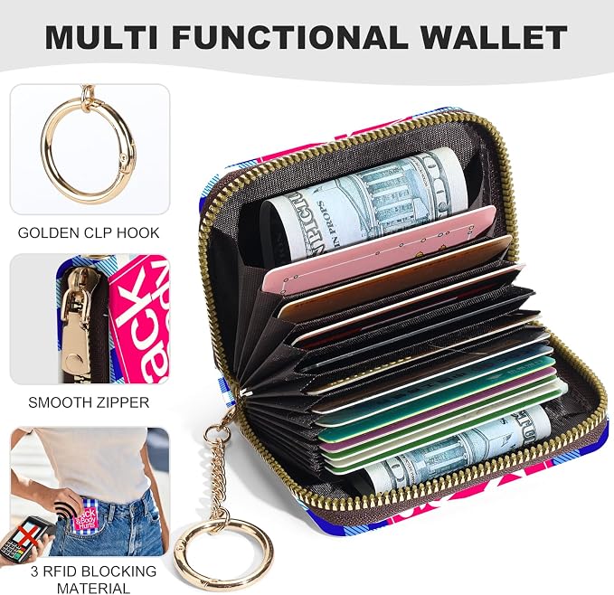 Credit Card Holder for Women,Small Rfid Wallet with Keychain Zipper,Cute PU Leather Card Case Wallet，Accordion Credit Card Wallets Gift,Blue Checkered Pattern