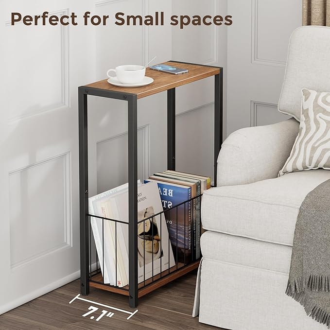 Homleke Narrow Side Table with Magazine Holder, Skinny End Table | Space-Saving Design, Small Spaces, Storage Shelf, Metal Frame, Easy Assembly, 7.1" D x 16.9" W x 23.6" H, Rustic Walnut