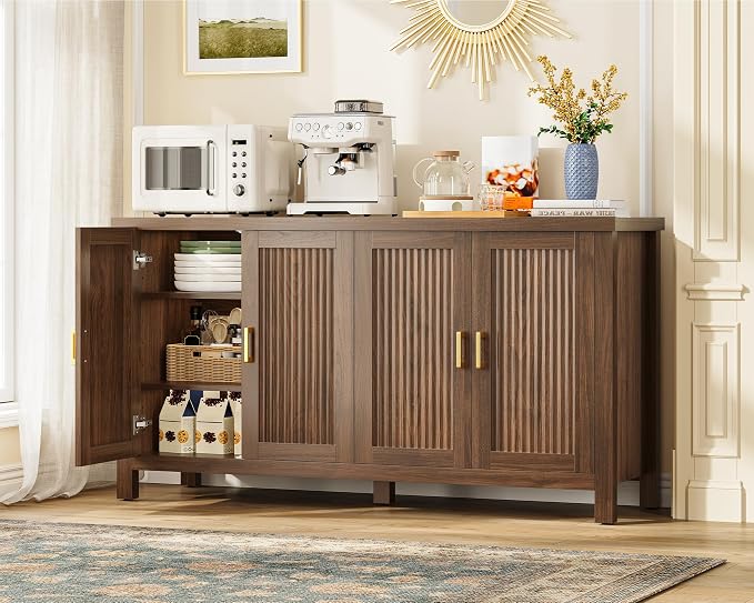 usikey Buffet Cabinet with Storage, 55" Fluted Sideboard Cabinet with 4 Adjustable Shelves, Modern Coffee Bar with 4 Doors, Coffee Bar Cabinet for Kitchen, Walnut