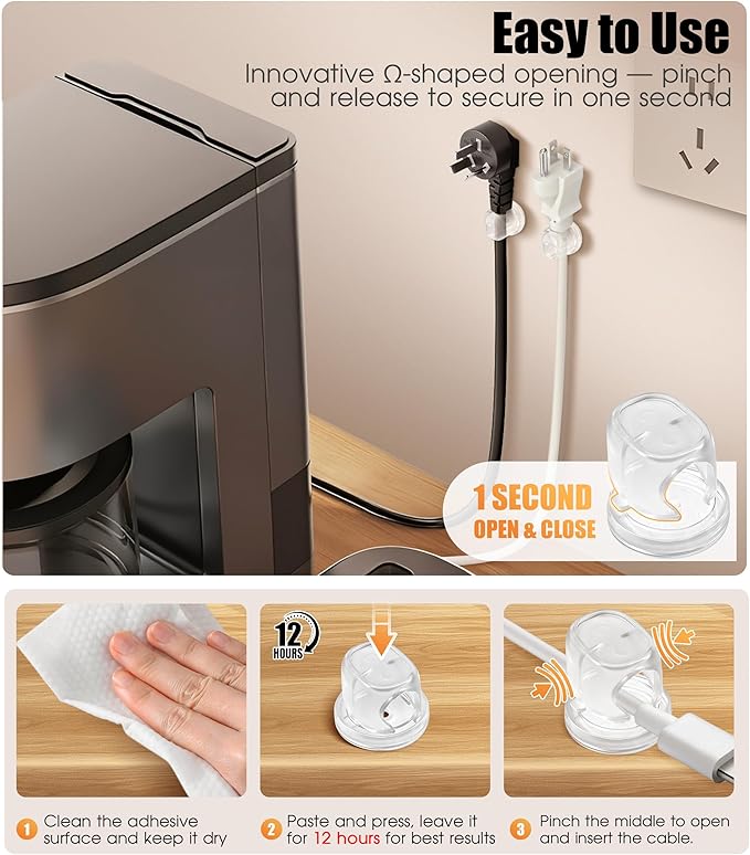 8 Pack Cord Organizer, Ω-Shaped Rotatable Cable Clips, Strong Adhesive Cable Management with Nails, Cord Holder for Nightstand, Desk, and Wall (Clear)