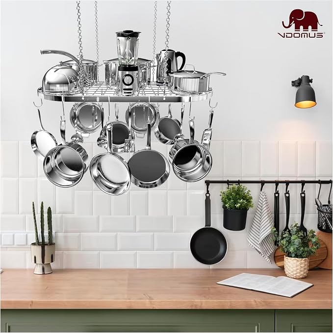 Vdomus Hanging Pot Rack - Ceiling Mount Kitchen Organizer for Pots and Pans with 15 Hooks - 33 x 17 Inches Heavy-Duty, Durable and Space-Saving Pan Holder - Silver