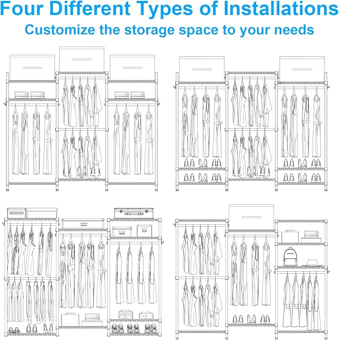 Ulif E13C Heavy Duty Closet Organizer System，Freestanding Clothing Racks for Hanging Clothes，Adjustable Garment Rack 63" W x 16" D x 77" H Hold 960 lbs，White Clothing Rack with Grey Dustproof Cover