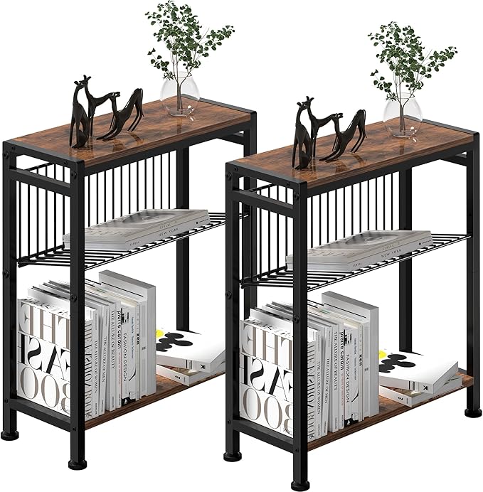 Side Table for Small Spaces, Set of 2 Narrow End Table with Magazine Holder, 2 in 1 Design Slim Side Table, Skinny Nightstand for Living Room Bedroom, Thin Side Magazine Table, Rustic Brown