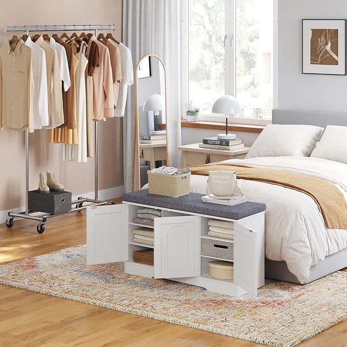 DINZI LVJ Shoe Bench, Entryway Storage Bench with Doors, Cushion, 3-Tier Shoe Rack with 9-Cubby, 39.4" L x 13.8" W Shoe Organizer Cabinet, Fully Adjustable Shelves, Living Room, Bedroom, White