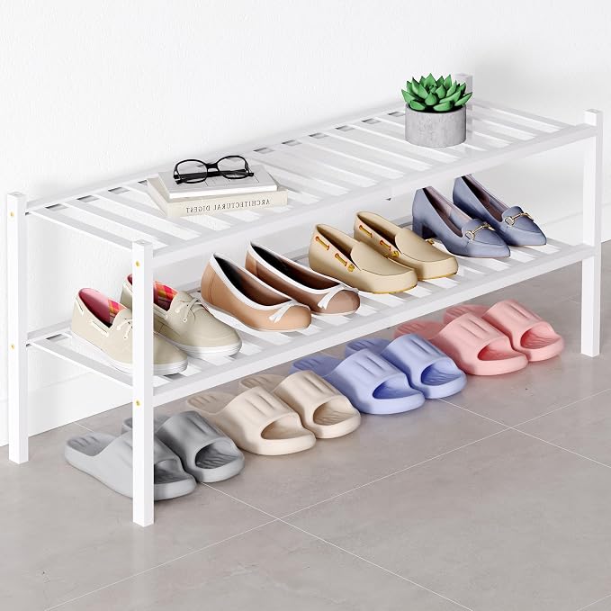 Smiry Bamboo Shoe Rack for Closet, 2 Tier Long Wooden Shoe Organizer, Stackable Wood Shoe Storage Shelf for Entryway, 14 Vertical Slats, One-piece Heavy-Duty Legs, 33.86"x11.02"x12.99", White
