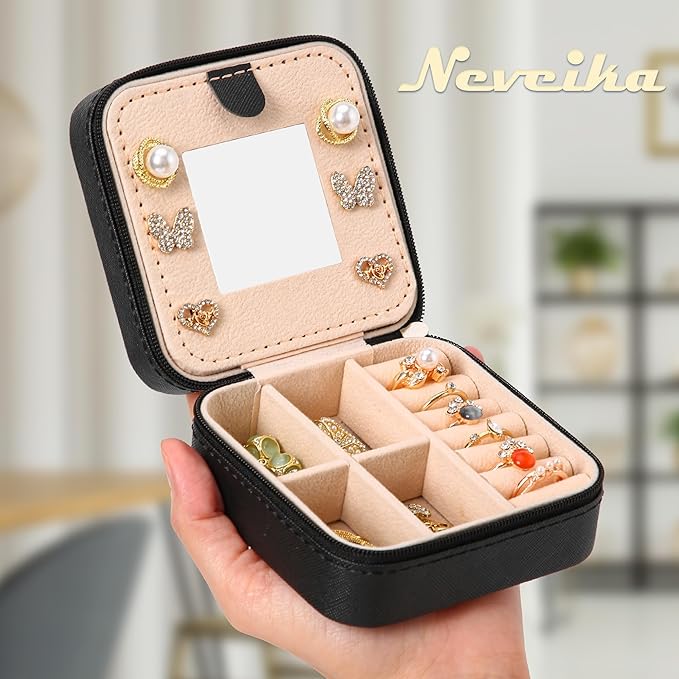 Neveika Jewelry Box with Mirror,Small Jewelry Organizer Box，Travel Jewelry Case for Women，Gift Jewelry Boxes for Female Girls (mirror black)