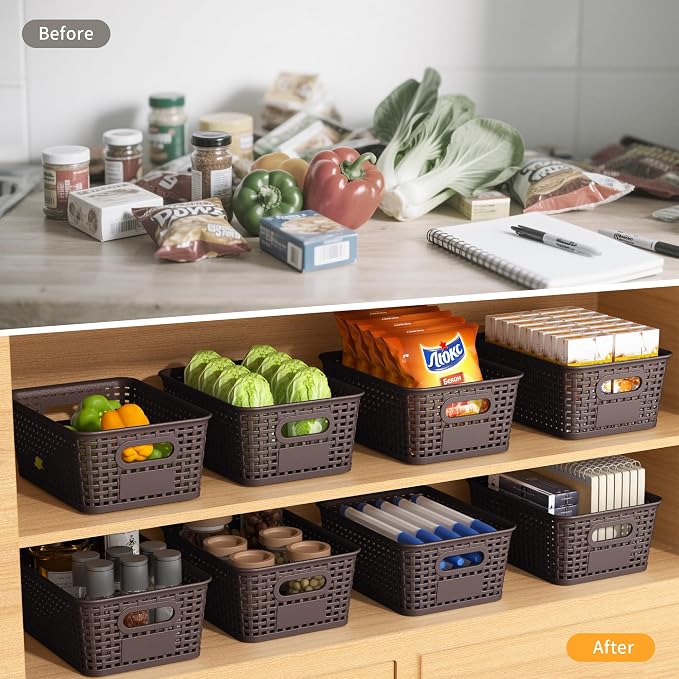 Brown Plastic Storage Baskets - Pack of 8 with Labels Stackable Durable Storage Bins, Storage Containers for Organizing Desktops, Closets, Playrooms, Classrooms, Offices