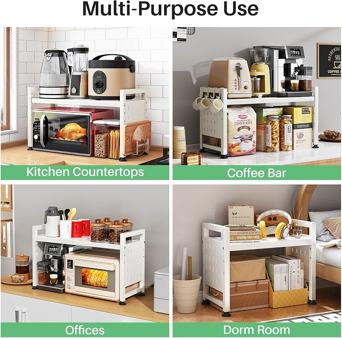 Microwave Stand, 2-Tier Expandable(17.4"-27.4") Microwave Oven Rack, Heavy Duty Adjustable Shelf with 9 hooks, Kitchen Organizer Storage Shelves for Pantry, Countertop, Coffee Bar, Office, Dorm, White