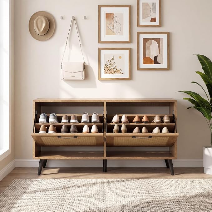 GOFLAME Rattan Shoe Storage Cabinet with 2 Flip Drawers, Hidden Shoe Storage Organizer with Adjustable Shelves and Metal Legs, Freestanding Boho Narrow Shoe Rack for Entryway and Living Room