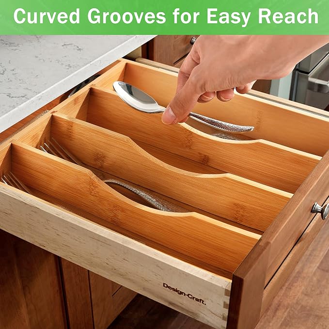 Greenual Silverware Organizer 10 In Utensil Organizer Silverware Tray for Drawer Cutlery Flatware Organizer for Kitchen Bamboo Wood 2 Pack