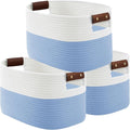 ECDYQXVU 15x10x9 Woven Cotton Rope Storage Basket, Leather Handles 3 Pack | Foldable Design, Sturdy PU Handles, Easy to Clean Organizer for Living Room, Closet, Shelves, Bedroom, Laundry, Clothes