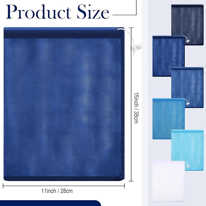 Frienda 6 Pieces Mesh Stuff Sack, 11 x 15 Inch Durable Nylon Drawstring Laundry Bag for Rinsing Beach Toys, Seashell Collecting, Mesh Bags for Travel(Blue)