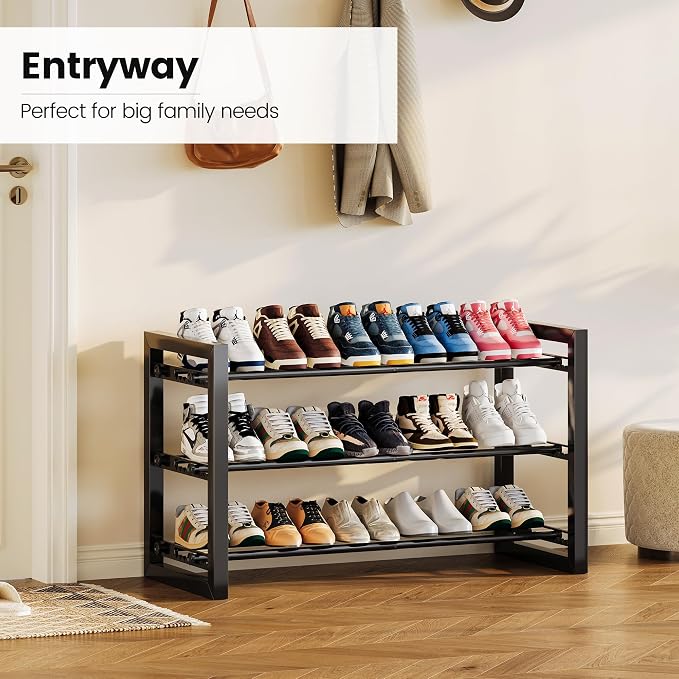 Homeiju Expandable Shoe Rack, 3 Tier Metal Shoe Shelf, Adjustable Shoe Stand for Sneakers, Boots, Heels, Heavy-Duty Steel Standing Shoe Organizer for Entryway, Closet, Bedroom, Black