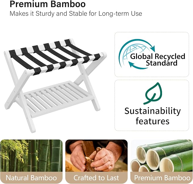 Heybly Luggage Rack for Guest Room,Bamboo Folding Luggage Stand & Suitcase Holder,Suitcase Stand, 5 Heavy-Duty Straps,Holds up to 165 Lbs, Heavy Duty Luggage Rack for Bedroom Hotel, White, HLR013W1