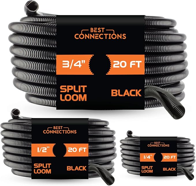 BEST CONNECTIONS Split Wire Loom Flex-Guard Convoluted Tubing Protective Split Cable Sleeves for Auto Home Industrial Electrical Wires Chemical Resistant Conduit Black (1/4", 1/2", 3/4" - 20 ft)