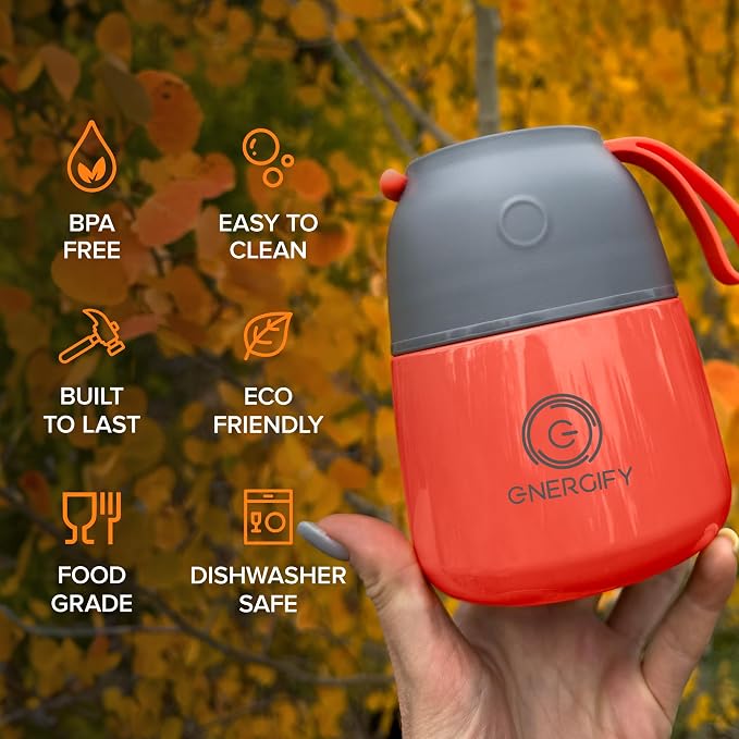 Vacuum Insulated Food Jar. Large 12oz Bowl incl. Folding Spoon, Cup. Wide Mouth Keep Hot & Cold Drinks Soup Lunch Container for Adults. BPA-Free Stainless Steel, Leak Proof Fusion Coral