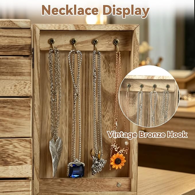 GUOER Jewelry Box for Women, 5-Layer Wooden Jewelry Organizer with Mirror | 4 Drawers & Side Doors for Necklaces, Rings, Earrings, Unfinished Rustic Torched Wood