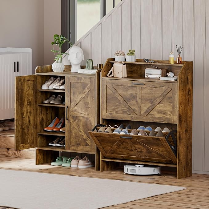 Mericonia Farmhouse Shoe Cabinet with 2 Flip Drawers, Shoes Storage Cabinet, Freestanding Shoe Rack Organizer for Entryway, Rustic Brown