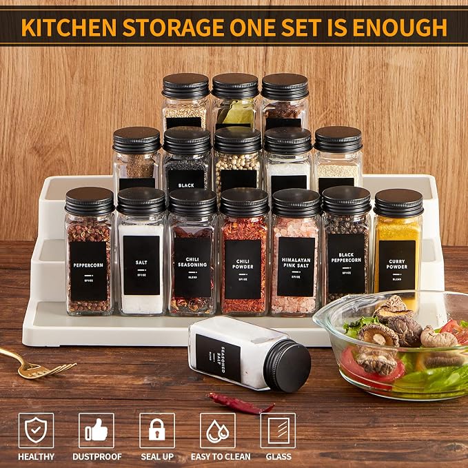 Skiileor 48 Pcs Spice Jars with Label- Glass Spice Jars with Black Metal Caps,Shaker Lids, Funnel, Chalk Pen 4oz Seasoning Containers Bottles for Spice Rack, Cabinet, Drawer