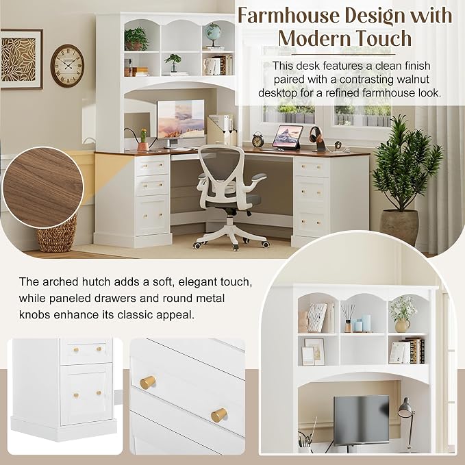 Merax L Shaped Desk White, Corner Computer Desk with Dual Charging Stations & Keyboard Tray, Farmhouse Home Office Desk with Hutch, File Drawer & Storage Cabinet, Space Saving Workstation