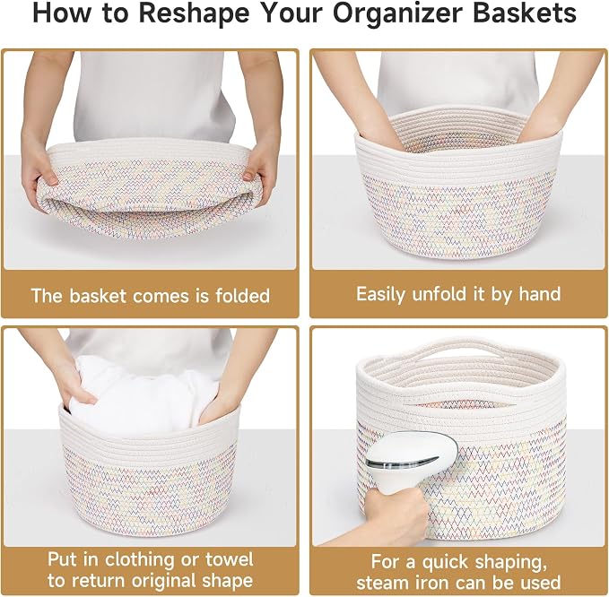 Small Rope Baskets for Storage, Baskets for Gifts Empty, Cute Round Woven Basket, Decorative Shelf Baskets 9.82×9.82×7.1", Cotton Toy Basket Storage Bins for Organizer 3 Packs-Rainbow