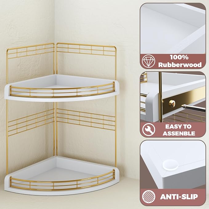 Bathroom Countertop Corner Organizer for Small Spaces, 2-Tier Counter Shelf | Oak Wood & Iron, Fan-Shaped Counter Shelf for Sink & Vanity Corners, Skincare, Toiletries, Compact Vertical Storage, White
