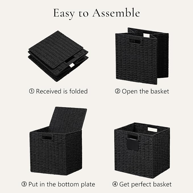 UBBCARE 4 Pack Wicker Basket, 10.5×10.5 Storage Cubes with Label, Foldable Cube Storage Bin with Handle, Square Storage Basket for Shelves, Woven Paper Rope Basket for Organizing, Black