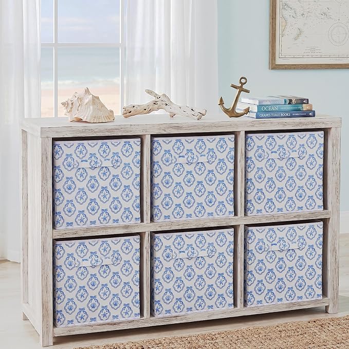 Geelin 6 Pcs Blue Bow Seashell Storage Bins 11 Inch Summer Beach Storage Basket with Handle, Coastal Organizer Basket, Ocean Collapsible Fabric Box for Classroom Bedrooms Office Home Decoration Gift