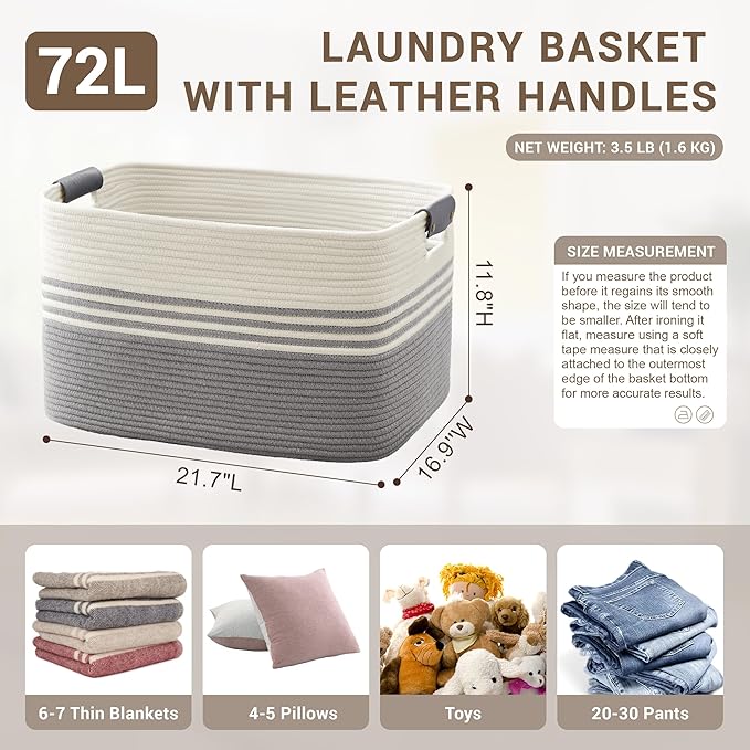 72L Large Woven Laundry Basket Hamper with Leather Handles,Grey | 22"x17"x12", collapsible wicker hamper, storage for dirty clothes, toys, blankets, gifts, living room, bedroom, bathroom