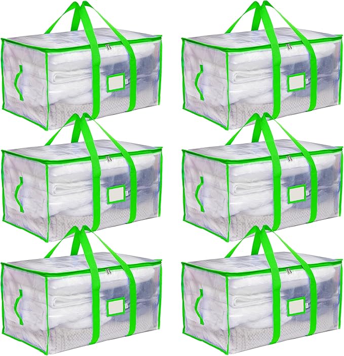 Storage and Moving Bags - Heavy Duty, Dust Protection and Water Resistant, Durable Zipper Closure and Sturdy Handles Best Moving Boxes Alternative (Green, 6 Pack)