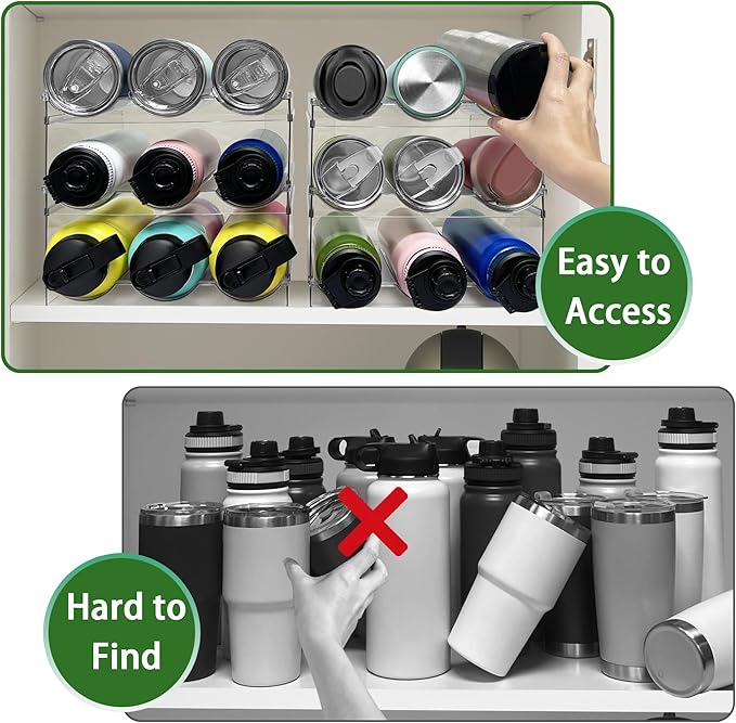 Spaclear 4 Pack Water Bottle Organizer, Stackable Kitchen Pantry Organization and Storage Shelf, Plastic Bottle Holder for Fridge Kitchen Cabinet Organizer and Storage, Tumbler Mug Cup Organizer