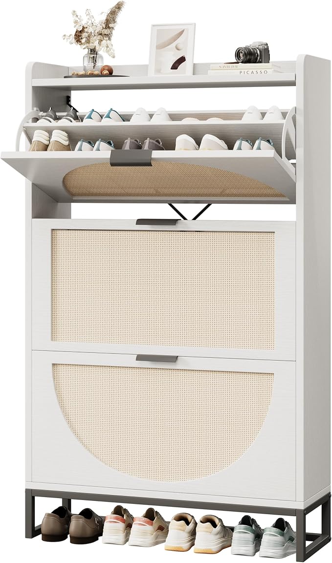 Flip Drawer Shoe Cabinet, Slim Narrow Entryway Storage Furniture with Hidden Flip-Open Organizer, Engineered Wood & Veneer Construction, Hallway Living Room Foyer, 3 Drawer, White