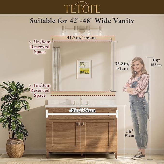 TETOTE Brushed Nickel Bathroom Mirror 42 x 36 Inch for Vanity Metal Framed Mirror Modern Farmhouse for Living Room Entryway(Horizontal/Vertical)