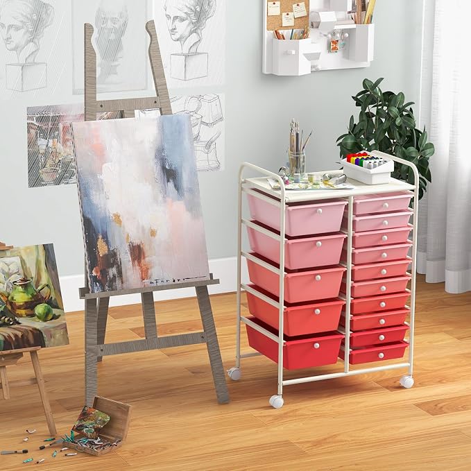 Moccha 15-Drawer Rolling Storage Cart - Under Desk Storage Drawers with wheels for Craft Art Supply Paper Salon, Scrapbook Paper Tools, Mobile Utility Cart for Classroom (15 Drawers, Gradient Pink)