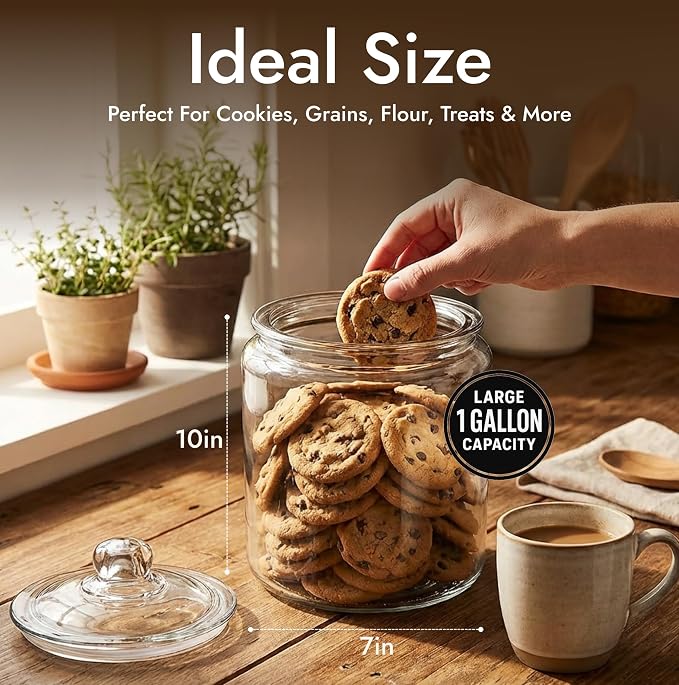 kitchentoolz 1 Gallon Glass Cookie Jar with Lid & Candy Jar | Glass Jars | Large Glass Jar with Lid | Gallon Glass Cookie Jars with Lids Airtight Food Storage Container & Apothecary Jars | Big Jar