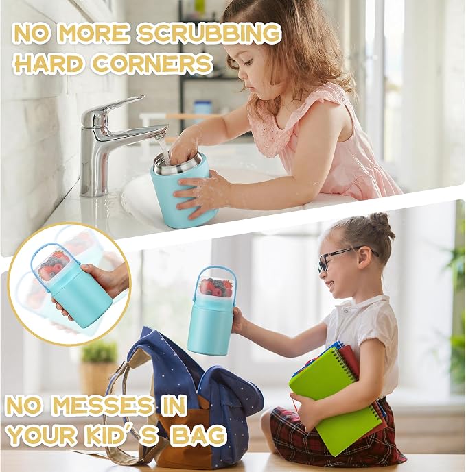 20oz Soup Thermo for Hot Food with a Snack Box Container，Leak Proof Insulated Lunch Container Kids and Adults，Stainless Steel Double Wall Vacuum Wide-mouth Food Jar with Spoon and Handle（Sky Blue）