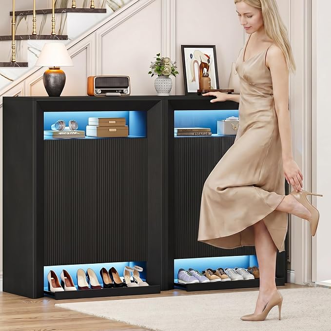 Einhomn LED Shoe Cabinet for Entryway w/App & Music Sync, Modern Shoe Storage Rack with Adjustable Shelves & Pull-Out Drawer, Entryway Shoe Organizer for Small Space, 15–25 Pairs, Black