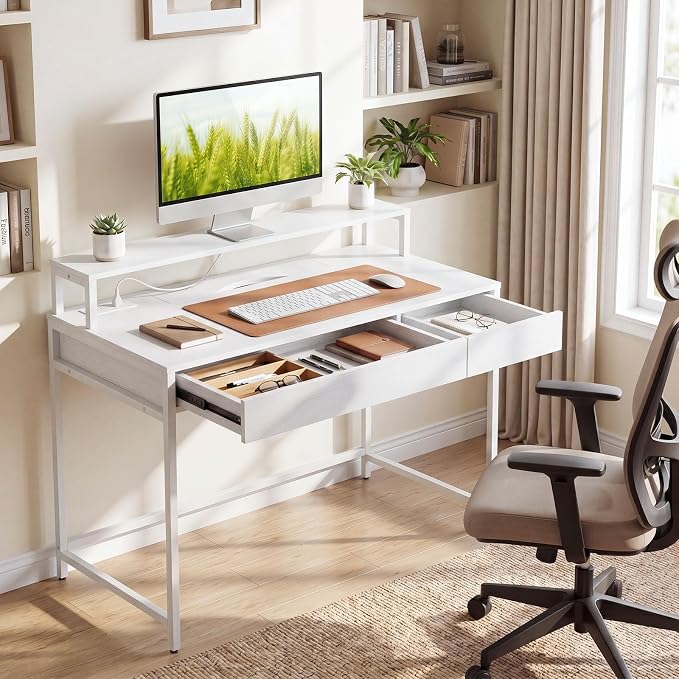 Tangkula Computer Desk with Dual-use Drawer & Keyboard Tray, Home Office Desk with Removable Monitor Shelf & Power Outlets, Modern Writing Desk Study Table for Home Apartment Dorm (White)