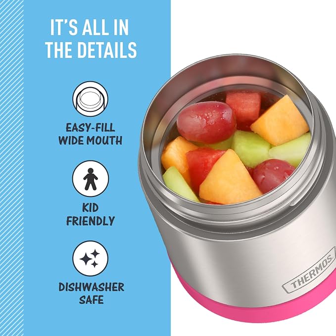 THERMOS FUNTAINER Kids Food Jar, 10oz, Pink | Kid-Friendly Stainless Steel Insulated Food Container, Keeps Food Hot or Cold Longer for School & Play, BPA Free