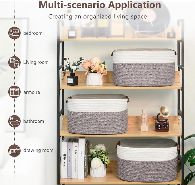 ECDYQXVU 15x10x9 Woven Cotton Rope Storage Basket, Leather Handles 3 Pack | Foldable Design, Sturdy PU Handles, Easy to Clean Organizer for Living Room, Closet, Shelves, Bedroom, Laundry, Clothes