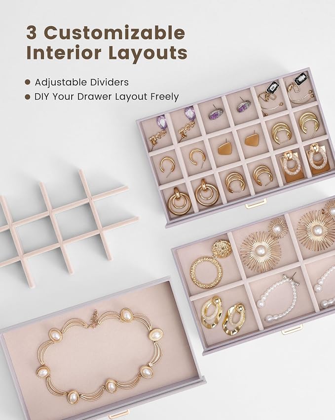 Lolalet Earring Organizer, Jewelry Box with Clear Lid -Purple, 5 Layer | PU Leather, Velvet, Removable Dividers, Dustproof, Easy Clean, For Studs Rings, Gift for Women Girls, Home Aesthetic Decor