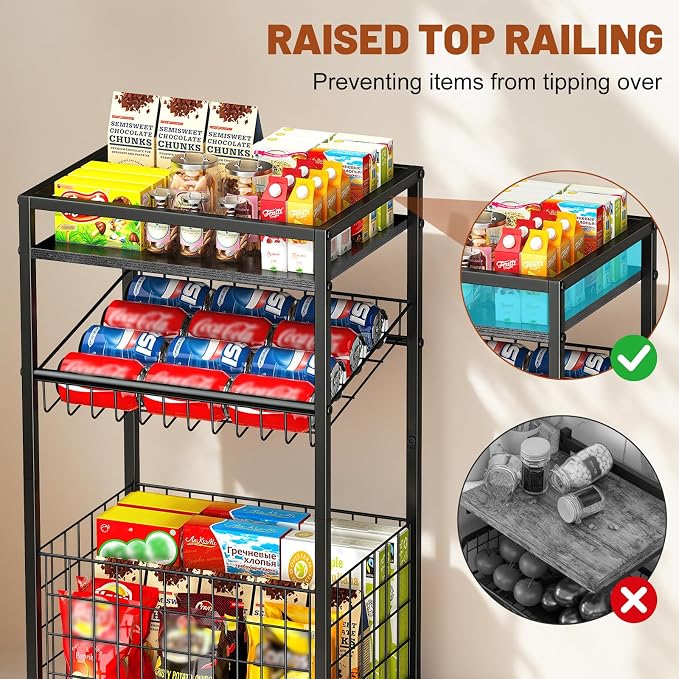 Fruit Vegetable Cart, 3-Tier Snack Cart on Wheels & Wood Top, Black | Vegetable Rack For Kitchen, Kitchen Cart Organizer for Fruit, Vegetables, Potato, Snack