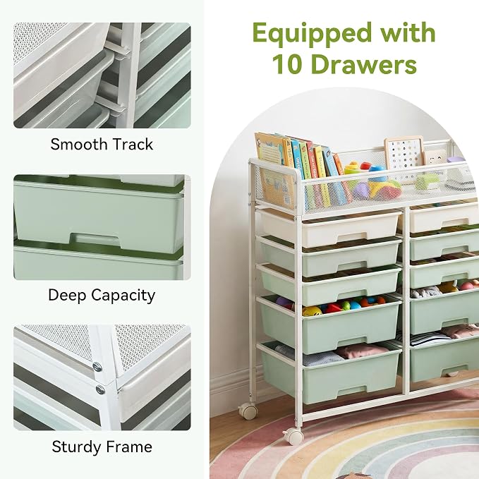 2 Pack Craft Cart with Wheels, Stylish Rolling Craft Cart with 10 Drawers, Art Cart Organizer and Storage, Rolling Utility Cart with Handles for Organizing Crafts, Yarn, Toys, School Supplies, etc
