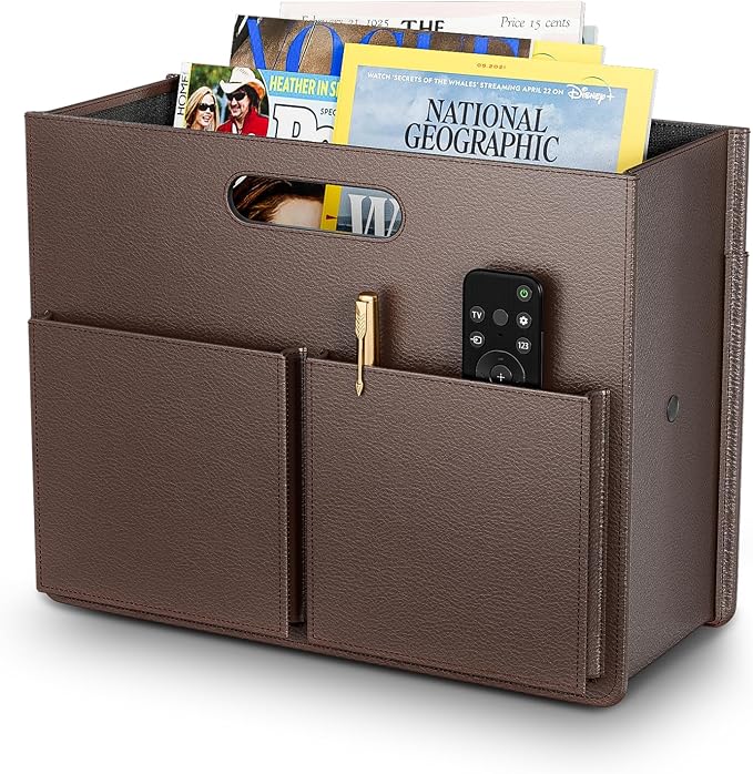 ABC life Magazine Holder,Magazine Rack Floor, Brown | Stable Foldable PU Leather Newspaper Book Storage Basket Box, Upgraded Magazine Folder Free Standing, for Room Home Office