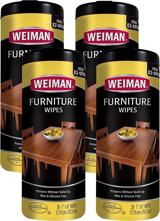 Weiman Wood Cleaner and Polish Wipes - 4 Pack (120 Wipes) - for Furniture to Beautify and Protect No Build-Up Contains Ultra Violet Protection Pleasant Scent Surface Safe - 30 Count Each,30 Count (Pack of 4)