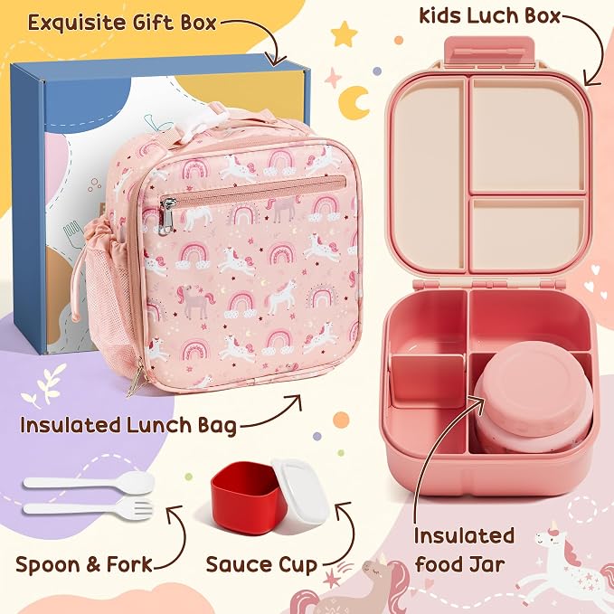 Fimibuke Kids Bento Lunch Box w/ 8.5oz Thermo Food Jar, Insulated Lunch Bag | Leak Proof 3-4 Compartments 60oz Toddler Lunch Food Container with Utensils, Sauce Cup for School Boys Girls, Dishwasher Safe
